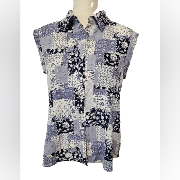 Pleione Blue and White Patchwork Sleeveless Blouse Top Women's Size Smal… - Picture 1 of 10